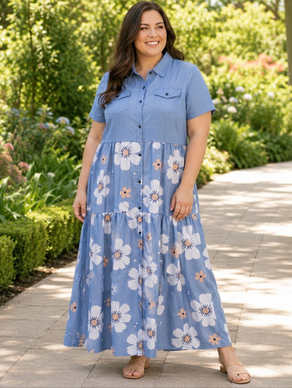 Amazon Floral Chambray Tiered Maxi Shirt Dress XL NWOT